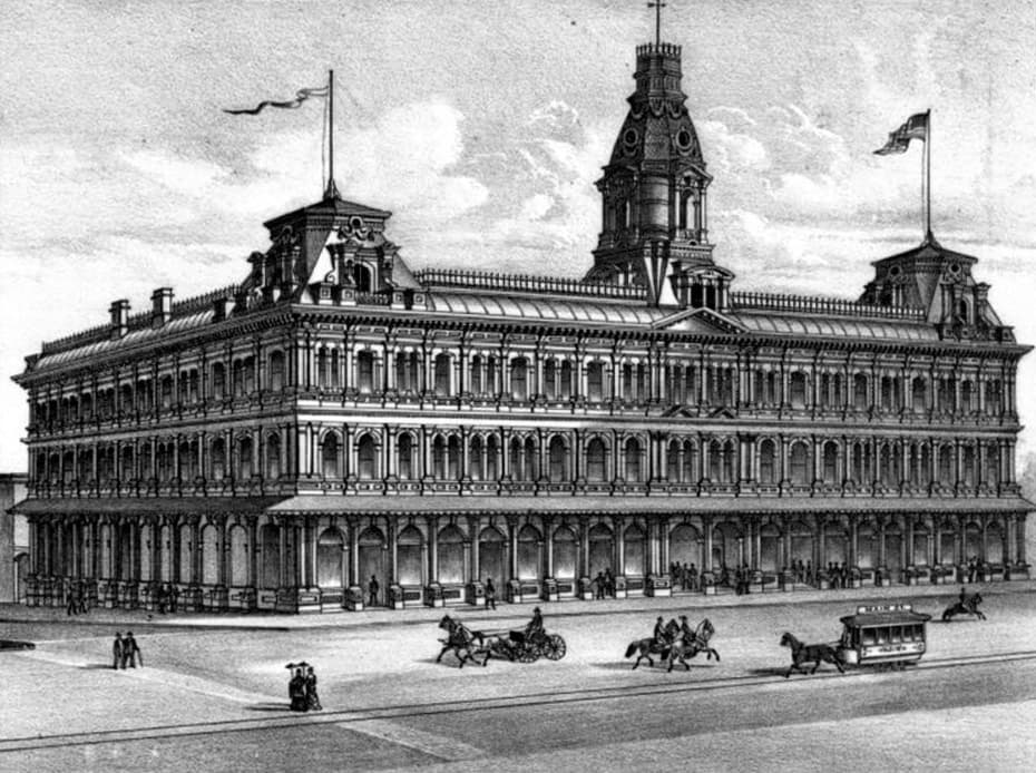 Lithograph of the Baker Block on the southeast corner of Main Street and Arcadia Street