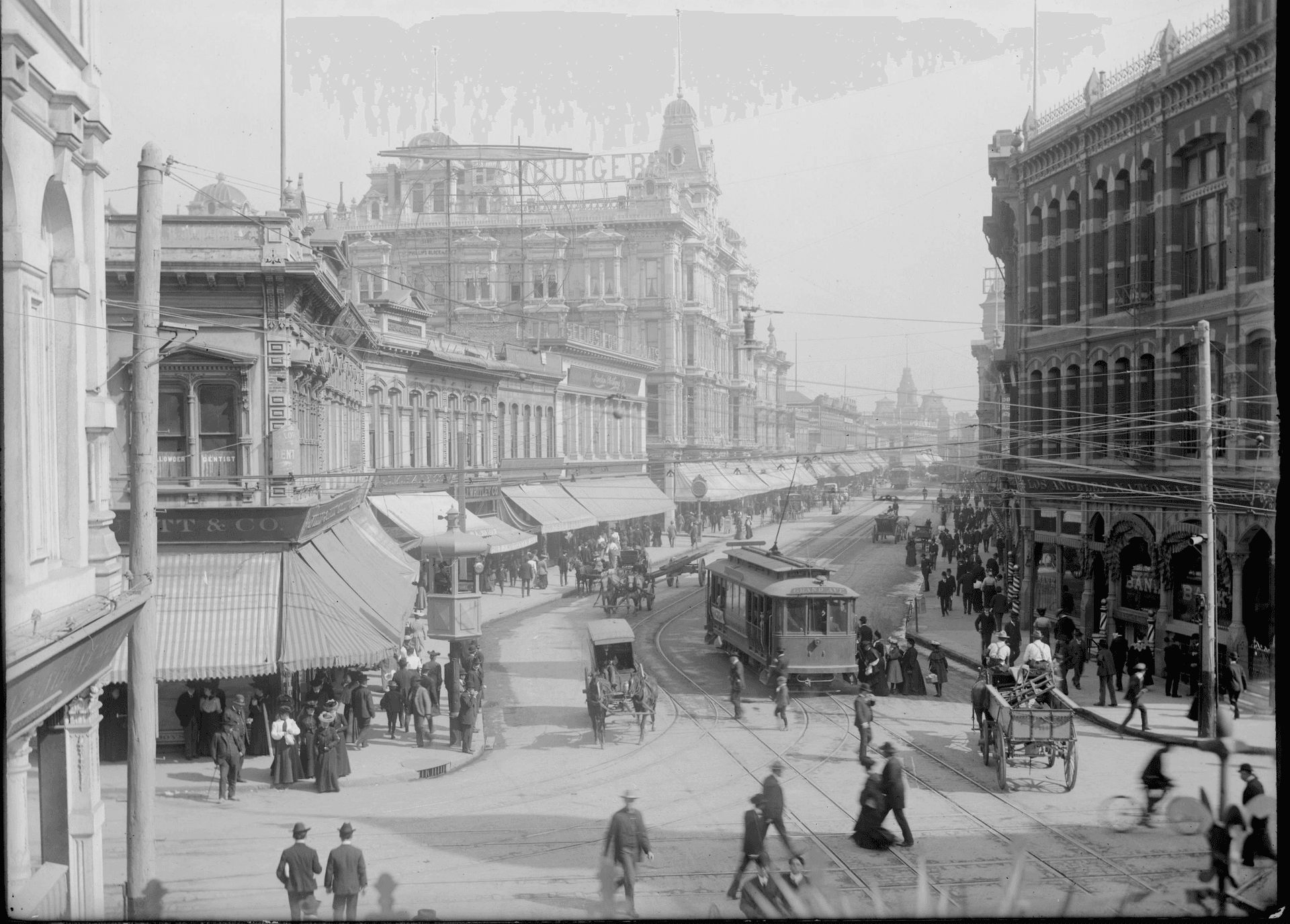 Looking north on Spring Street from First Street, c.1896-1900