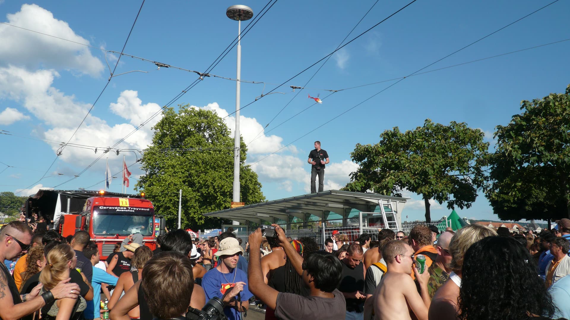 Trams and crowd on the closed parade route, 2008