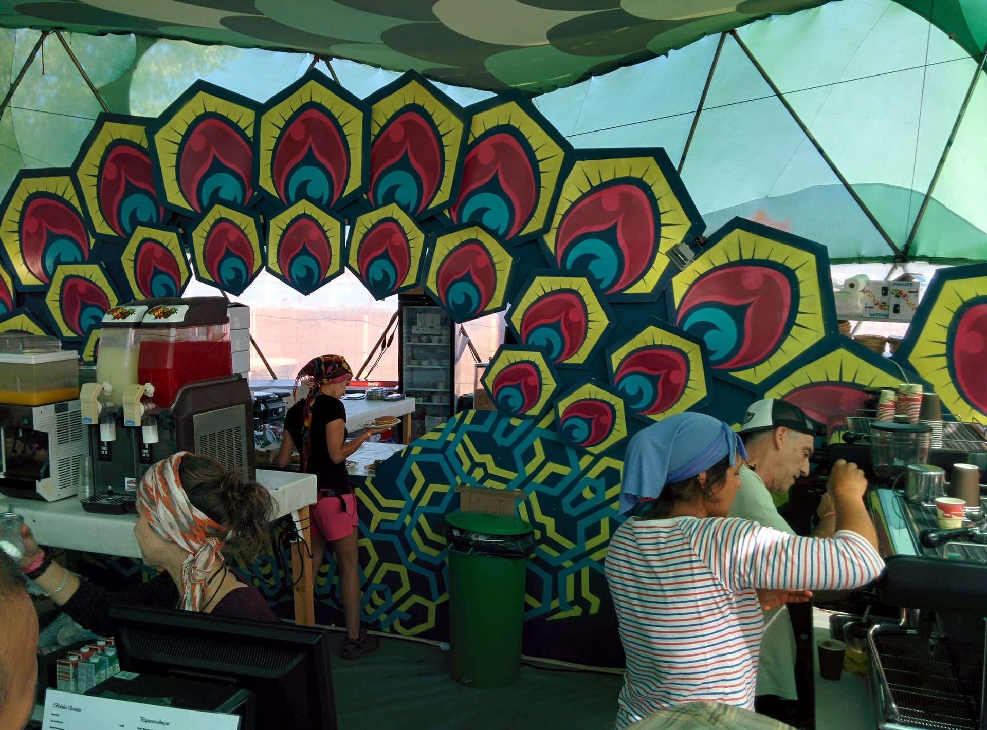 Painted bar front with peacock feather mural, Boom 2014