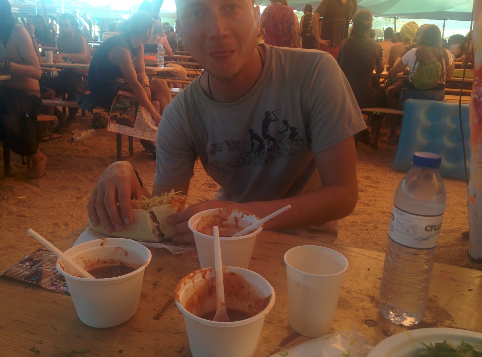 Bowls of food on a communal table, Boom 2014