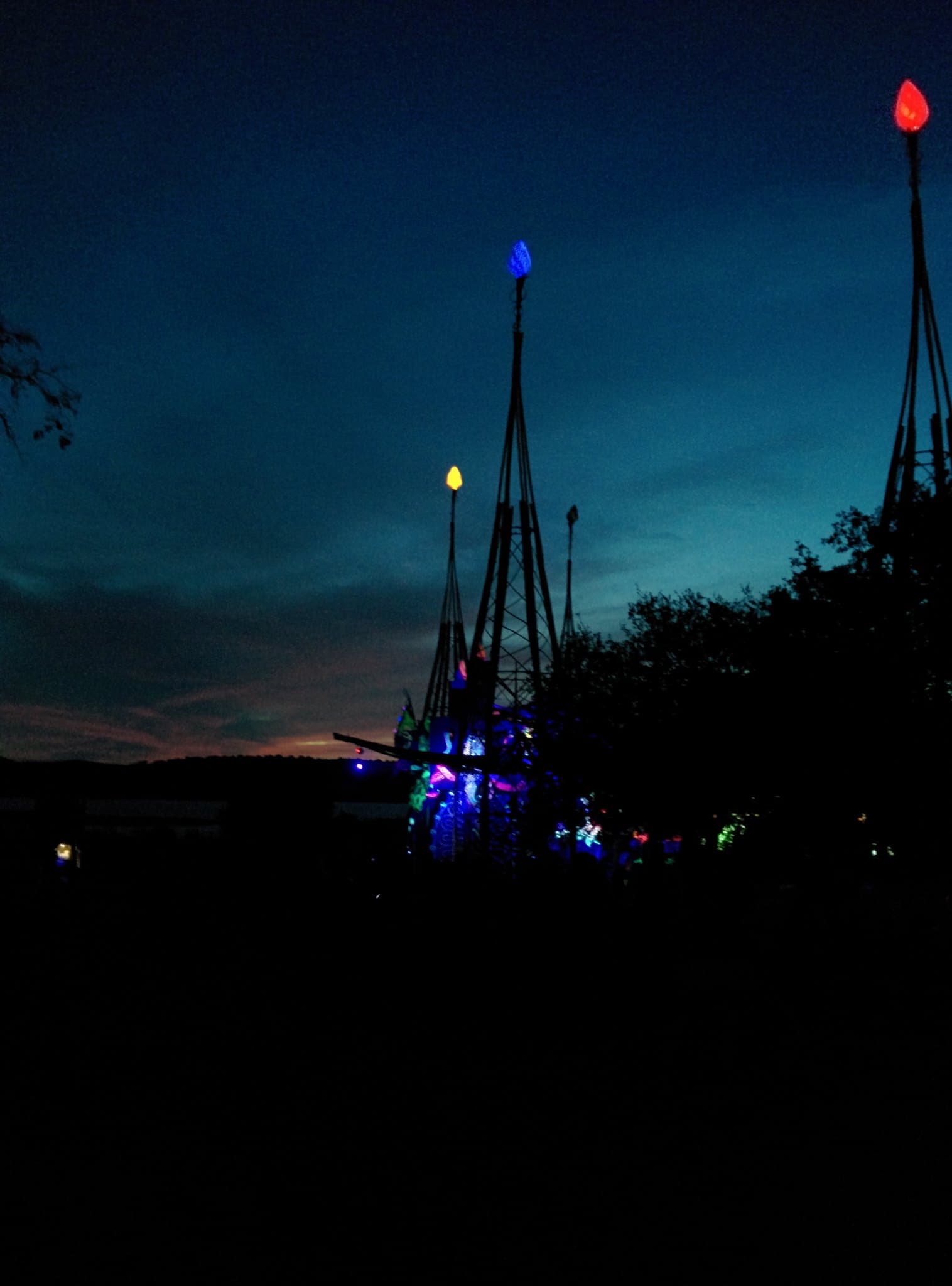 Stage masts silhouetted at dusk, Boom 2014