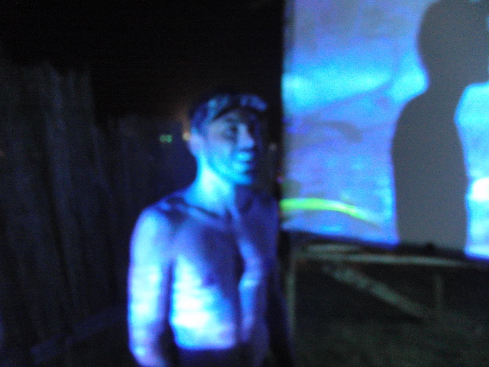 Visitor lit by a blue projection screen, Boom 2010