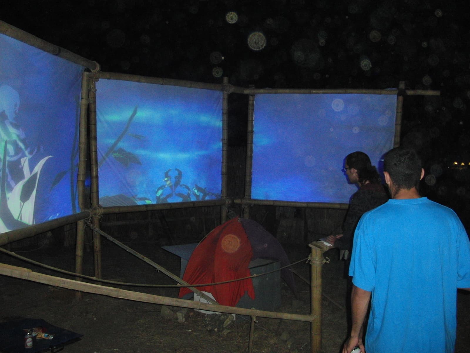 Visitors watching blue projections on curved screens, Boom 2010