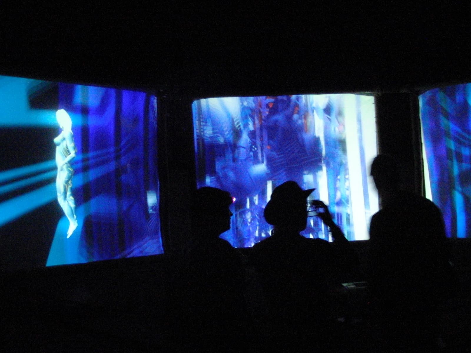 Viewers before the lit projection panels, Boom 2010