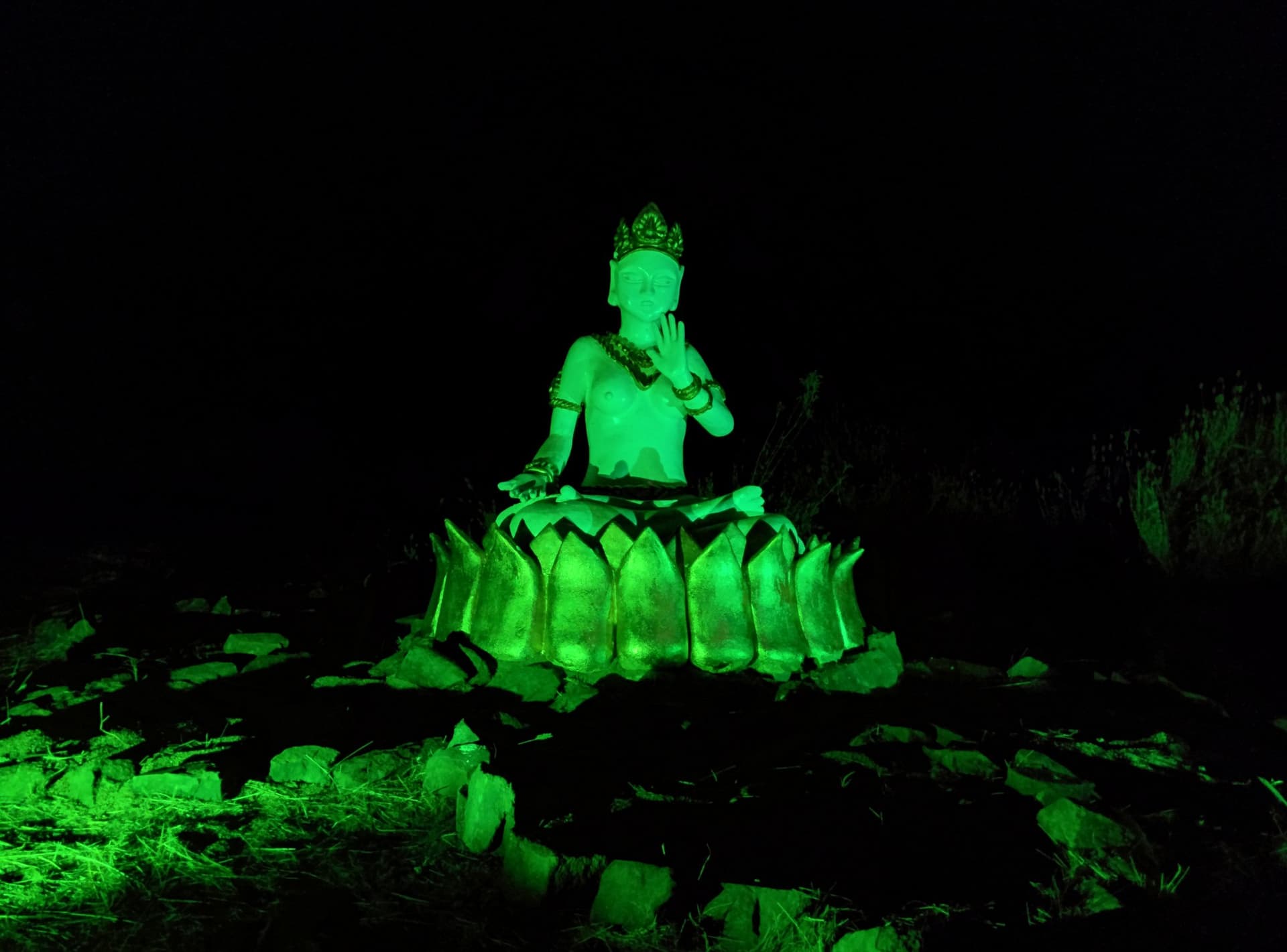 Green lit seated figure sculpture at night, Boom 2014