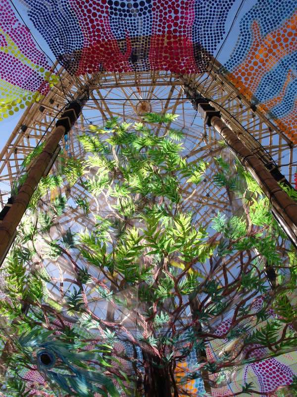 Painted dot-work canopy over a bamboo frame, Boom 2006