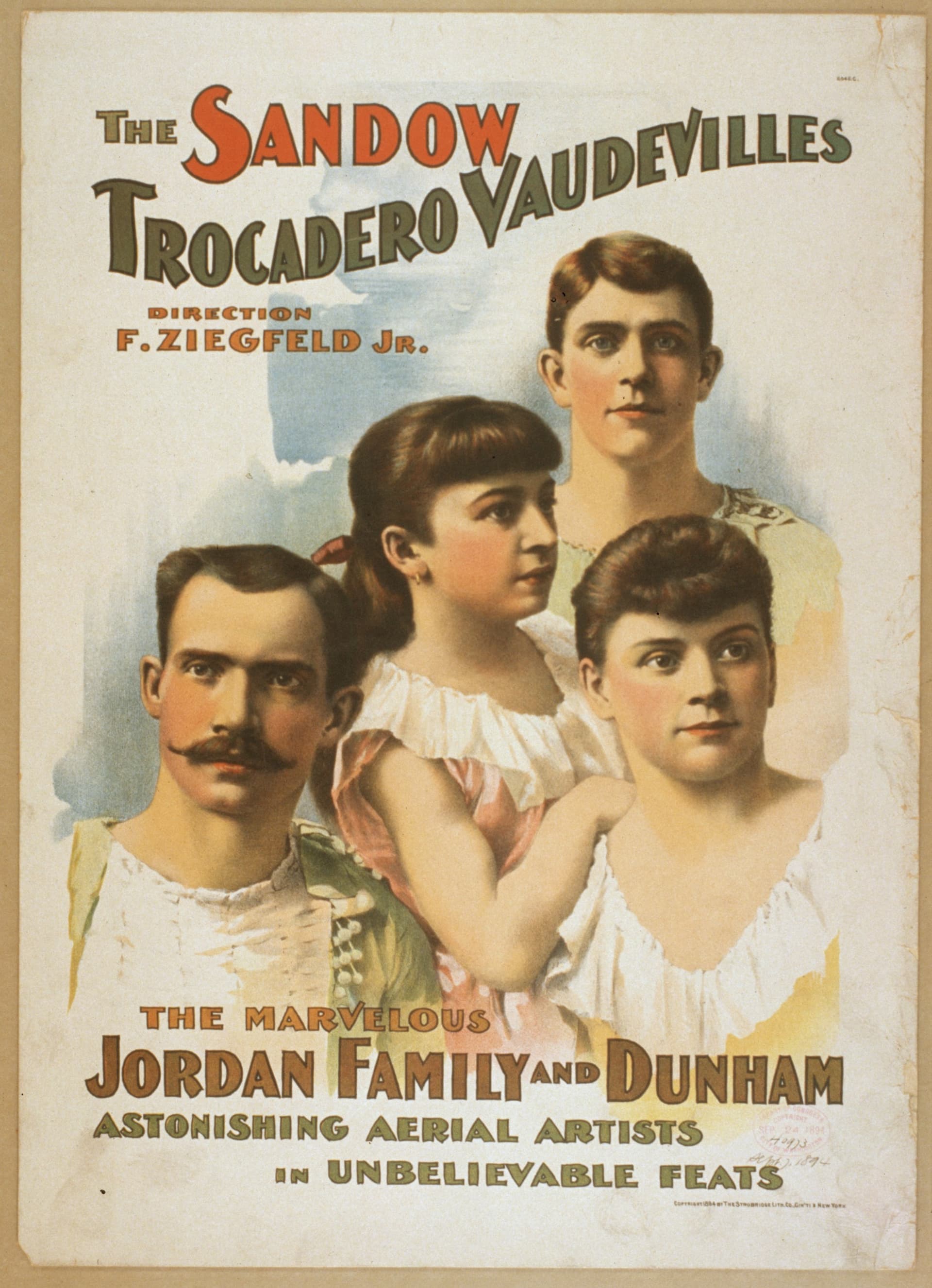 Colour lithograph poster for the Sandow Trocadero Vaudevilles