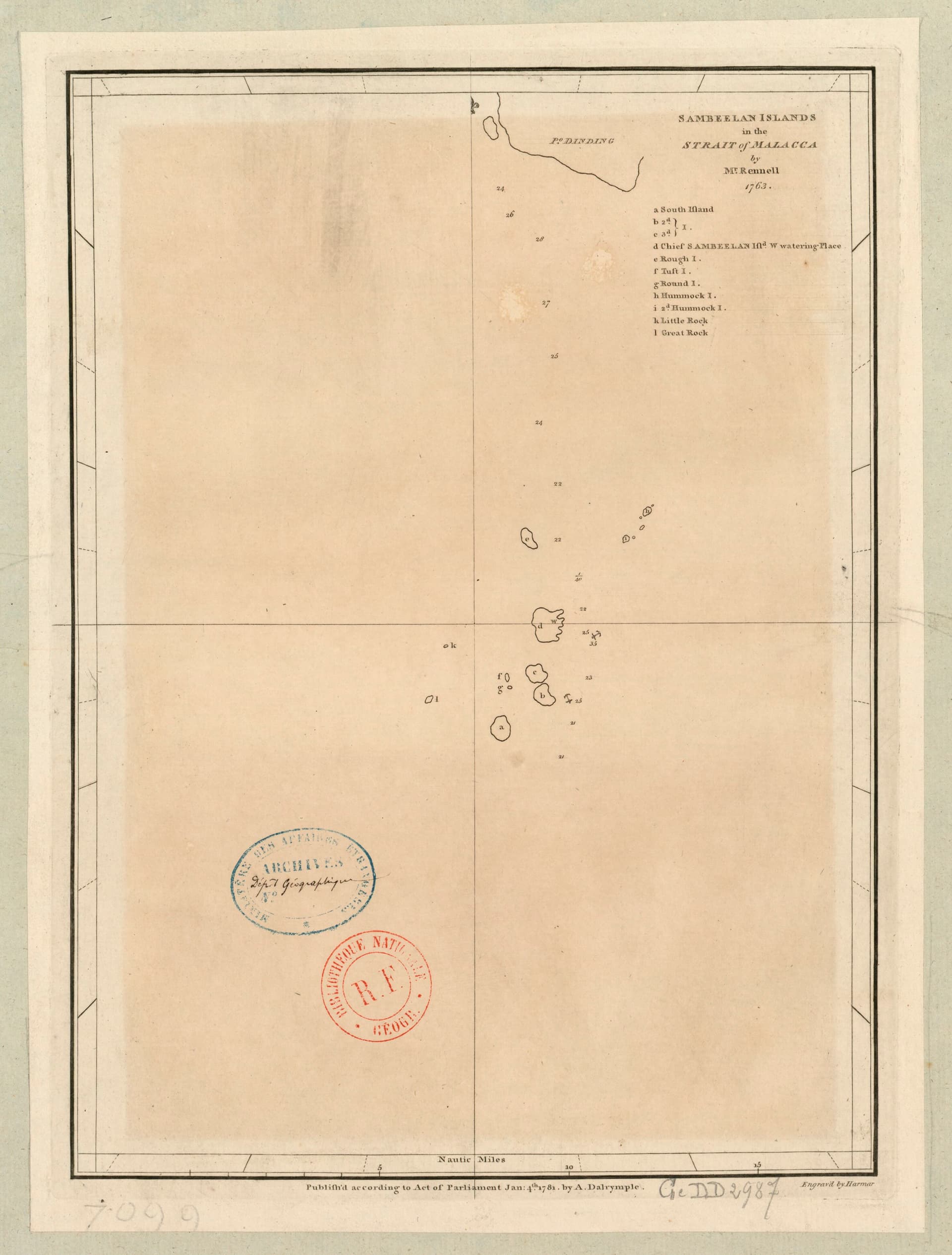 Sambeelan islands in the strait of Malacca - by Mr. Rennell, 1763 ; publ. by A. Dalrymple ; engrav'd by Harmar
