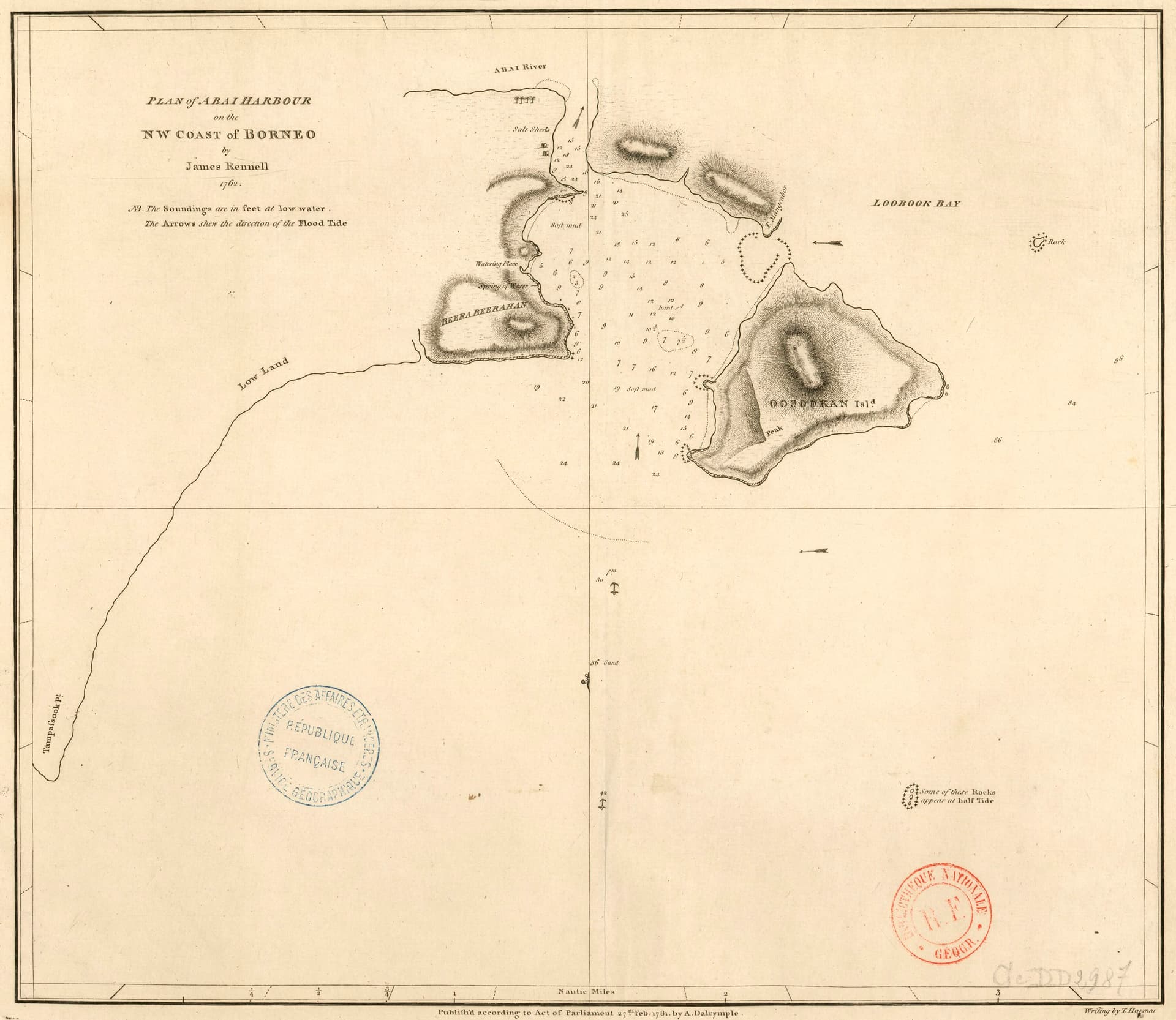 Plan of Abai harbour on the NW coast of Borneo - by James Rennell, 1762 ; writing by T. Harmar