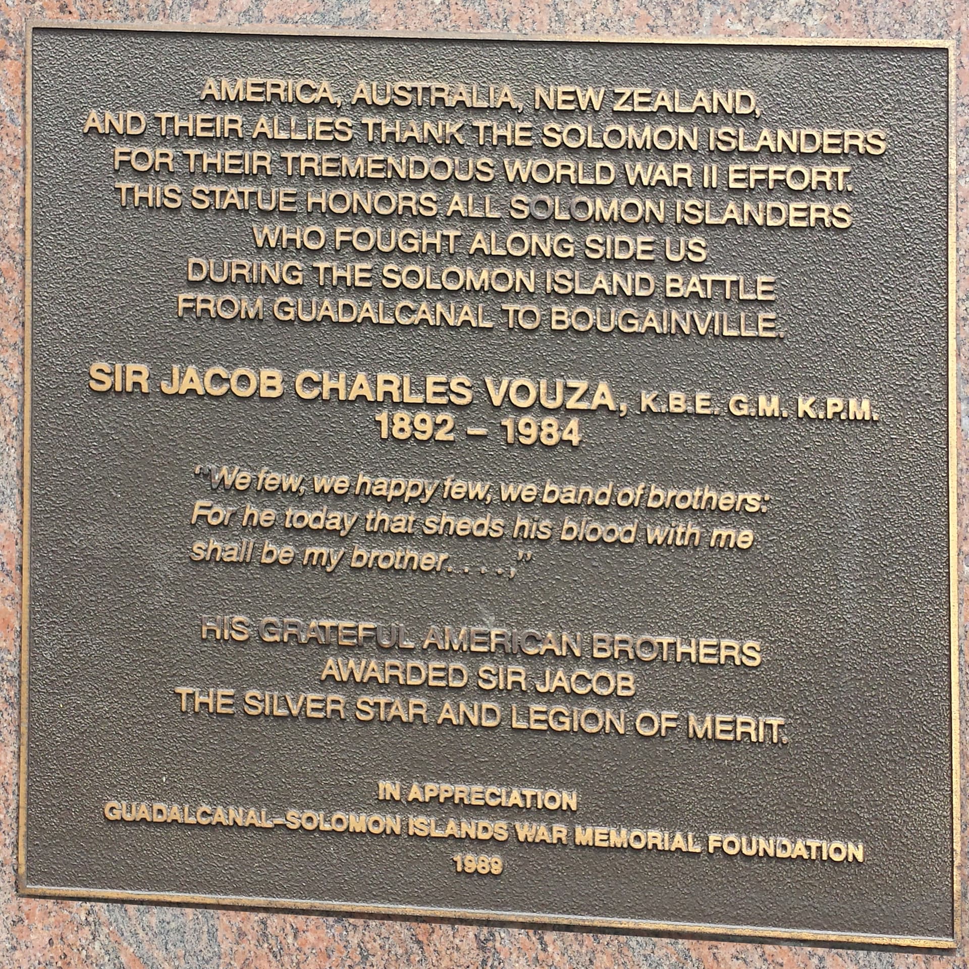 Plaque on the Sir Jacob Vouza memorial at Rove, Honiara Solomon Islands - 1989- thanks