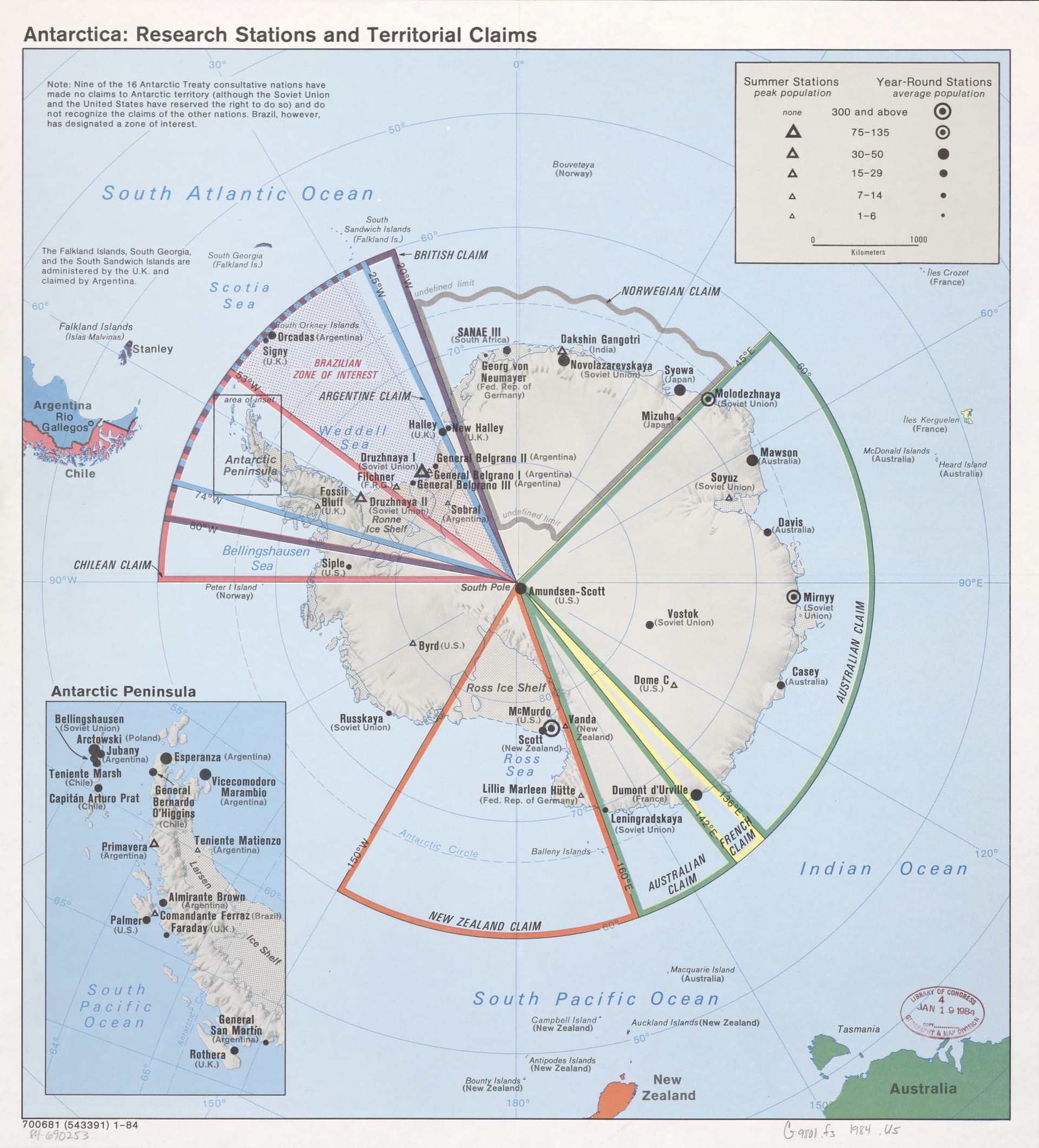 Map of Antarctic research stations and territorial claims, 1984