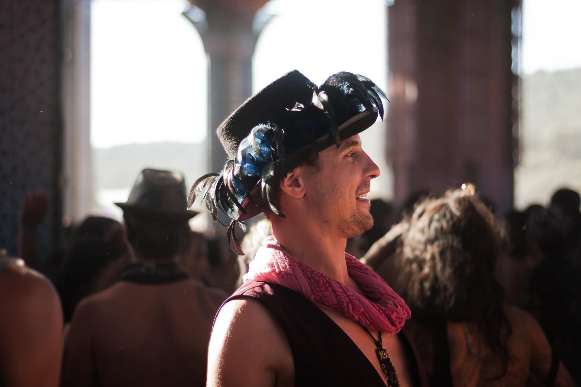 Visitor in a decorated headpiece