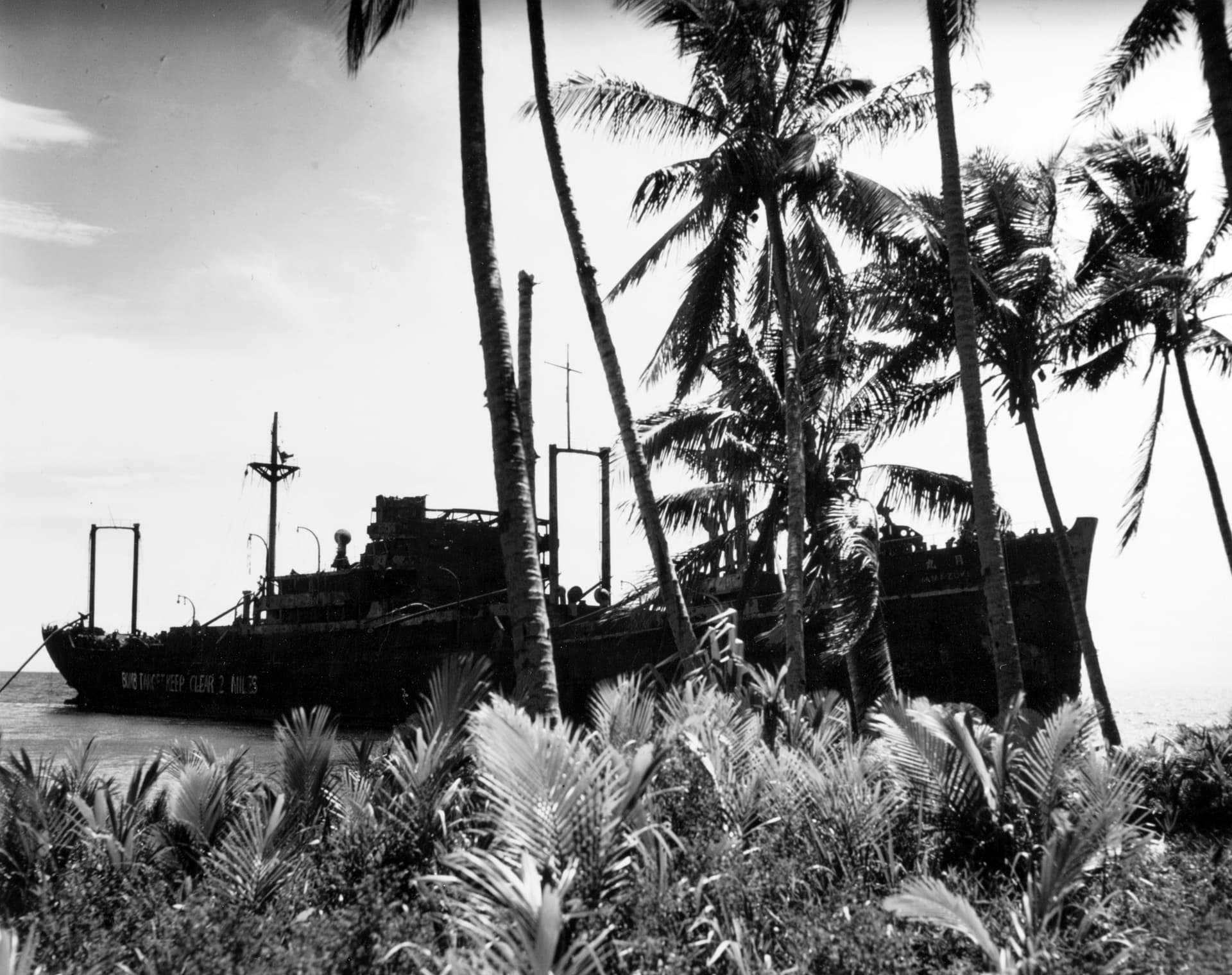Yamazuki Maru beached and burned out at Guadalcanal, in November 1943 (80-G-K-1467-B)