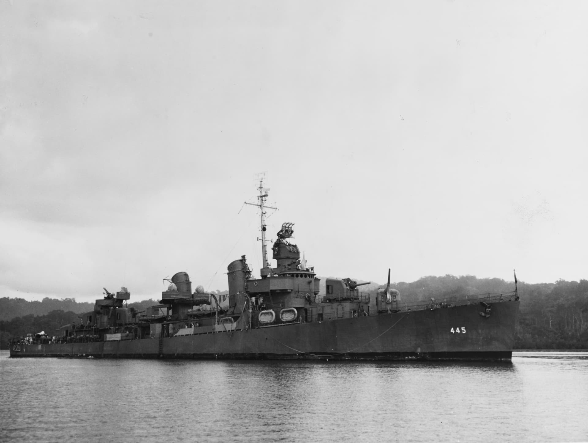USS Fletcher (DD-445) at anchor in Purvis Bay, Florida Island, Solomon Islands, on 26 March 1943 (NH 53916)