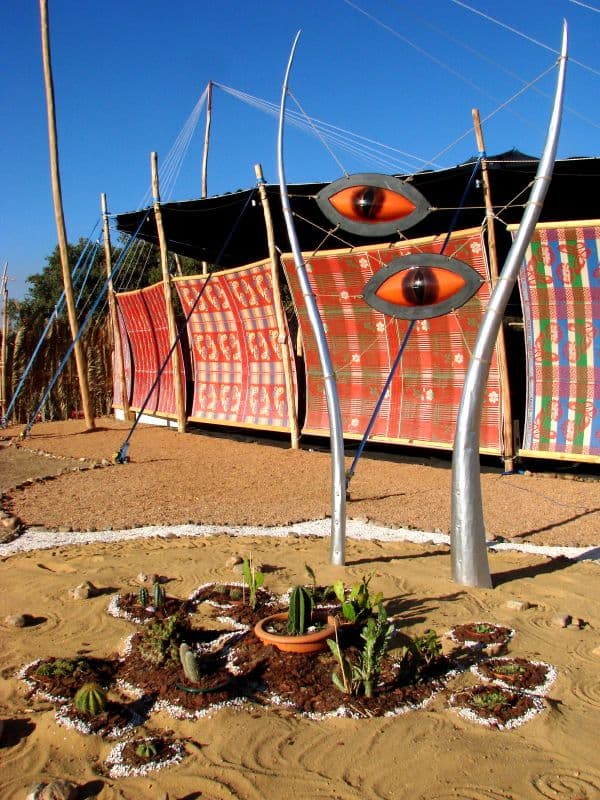 Painted eye banners above a planted bed