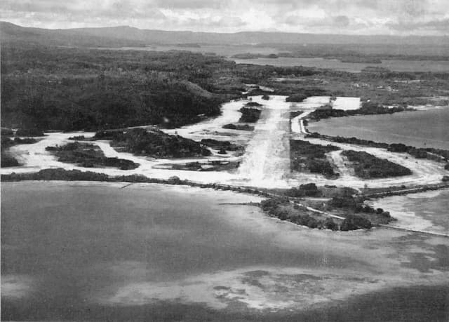 Aerial view of Munda airfield, New Georgia, Solomon Islands, circa 1945