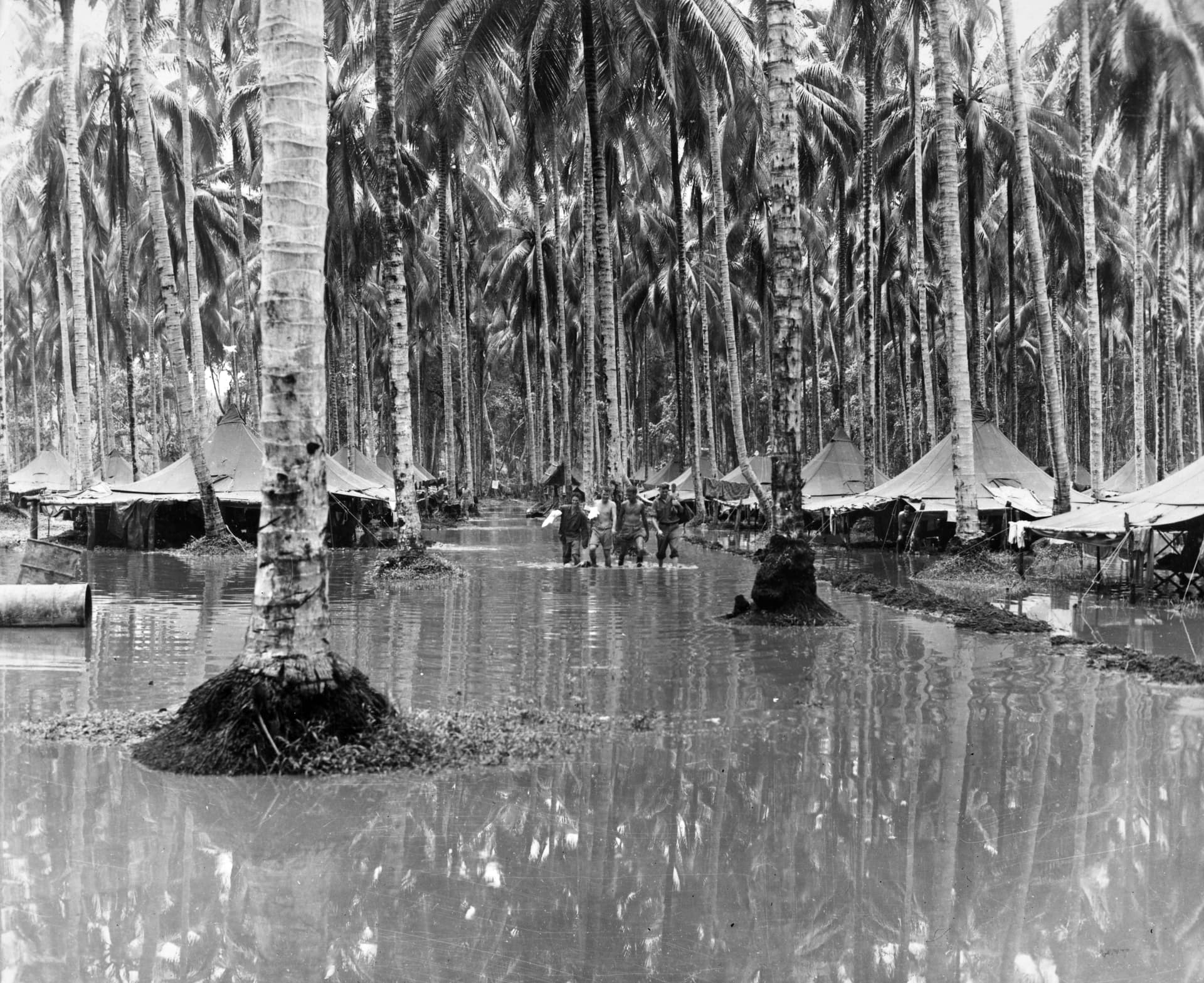 Flooded U.S. Marine Corps camp on Guadalcanal, circa in early 1944