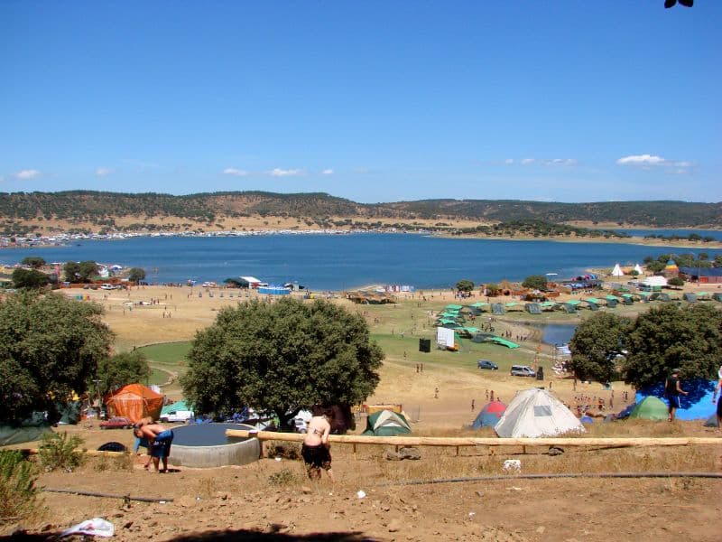 Wide view of the campsite along the reservoir