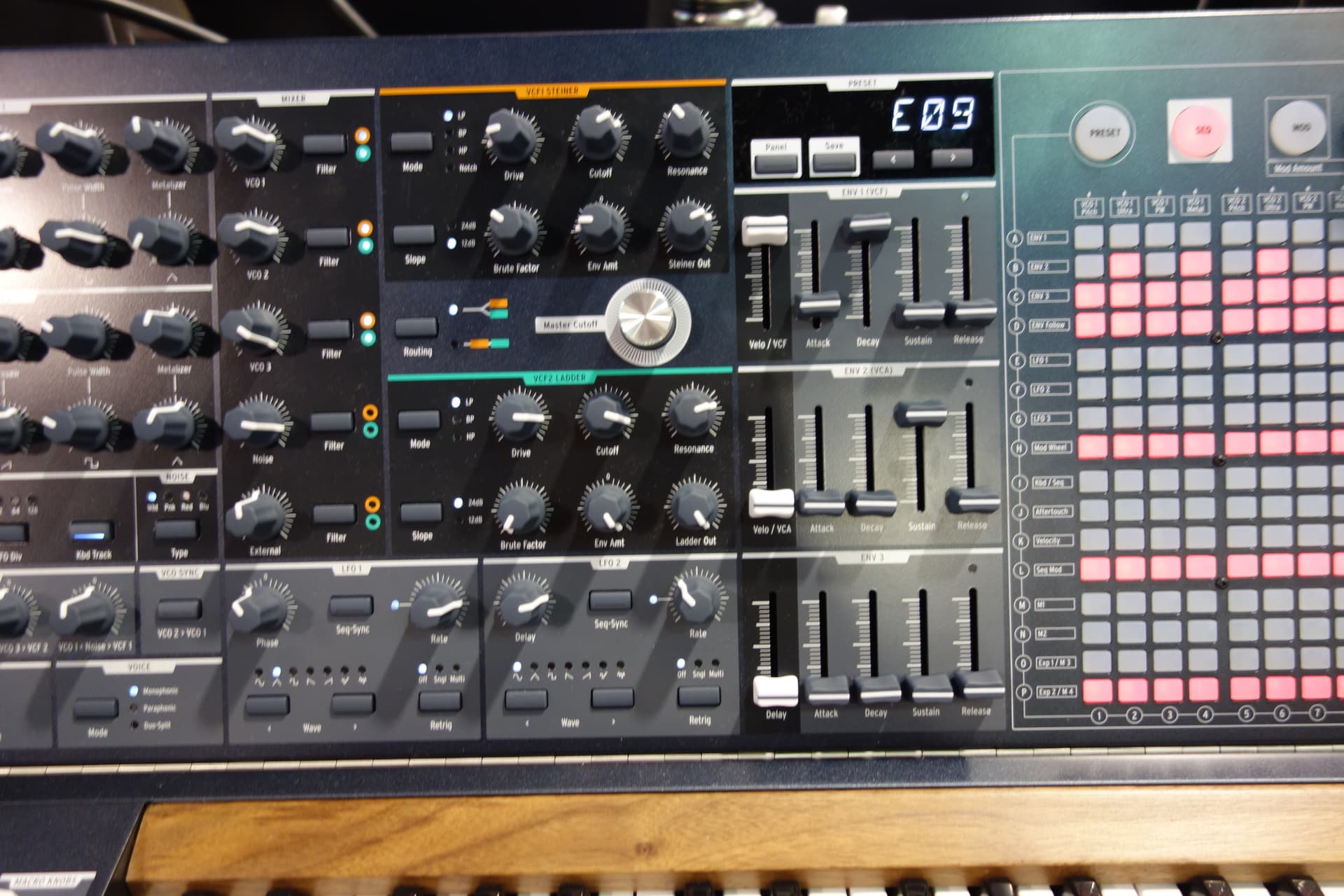 Arturia MatrixBrute - panel middle - VCO1,2,3, LFO3,1,2, Mixer, VCF1 Steiner & VCF2 Radder, ENV1,2,3, and Matrix Buttons - 2017 NAMM Show (2