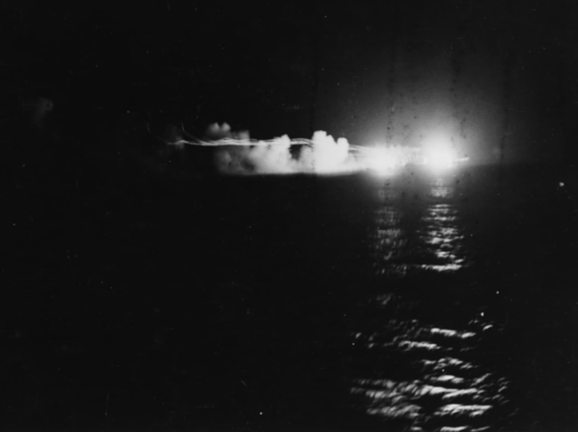 USS St. Louis (CL-49) and HMNZS Leander firing during the Battle of Kolombangara, 13 July 1943 ( )
