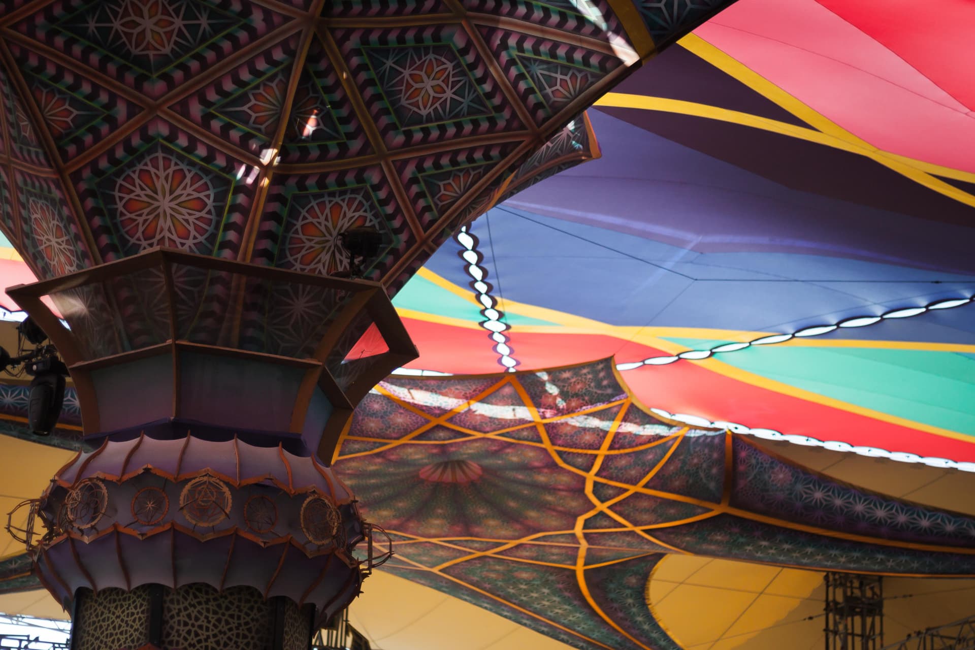 Coloured canopy panels over the stage