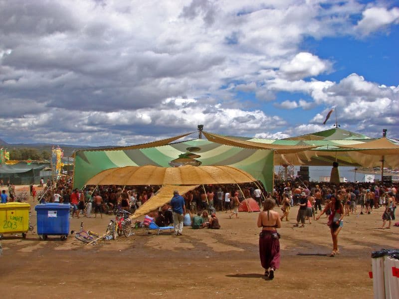 Green striped canopy over the dance ground